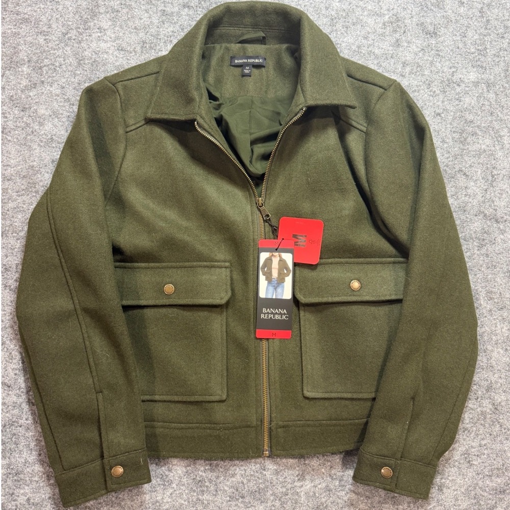NWT Banana Republic Womens M Olive Green Wool Blend Full Zip Utility Jacket